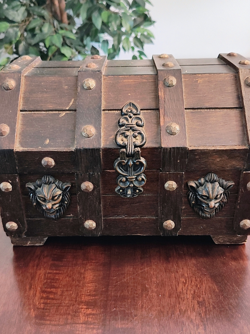 Dark Brown Wooden Decorative Treasure Chest with Lion Accents